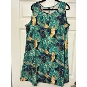 HuiHui 2XL Tropical Leaf Print Sleeveless A-Line Dress Plus Size Green Blue